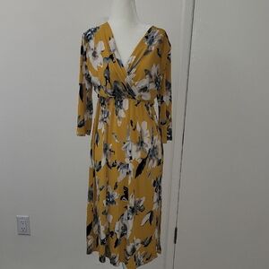 GILLI Mustard Floral Faux Wrap Midi Dress Size Small